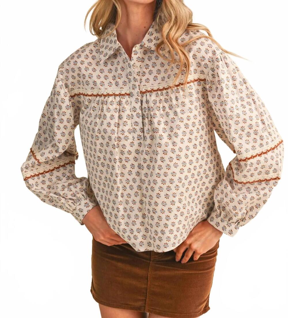 NEW &MERCI floral lace trim button up top in white